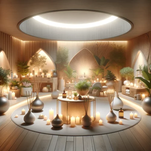 Serene aroma room with diffusers, candles, and plants.
