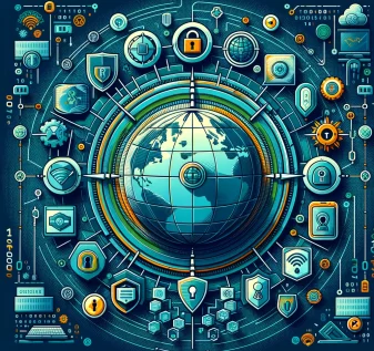 A colorful illustration showcasing the world of VPN services with a globe, security icons, and digital tunnels.