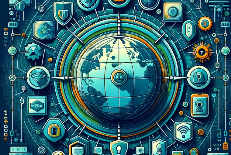 A colorful illustration showcasing the world of VPN services with a globe, security icons, and digital tunnels.