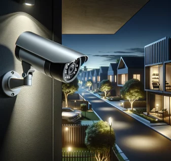 A modern security camera mounted on a house exterior, overseeing a serene neighborhood street at evening.