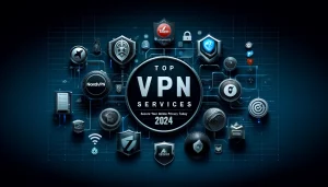 Modern graphic showcasing top VPN services of 2024 with logos of NordVPN, ExpressVPN, Surfshark, CyberGhost, and Private Internet Access.