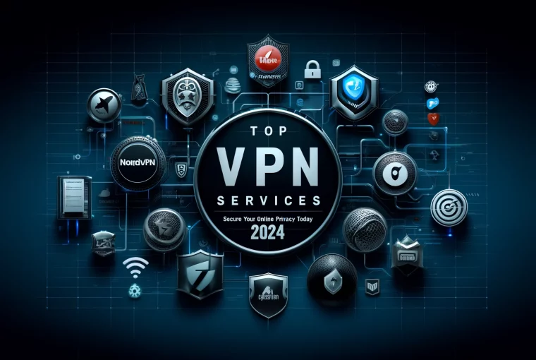 Modern graphic showcasing top VPN services of 2024 with logos of NordVPN, ExpressVPN, Surfshark, CyberGhost, and Private Internet Access.
